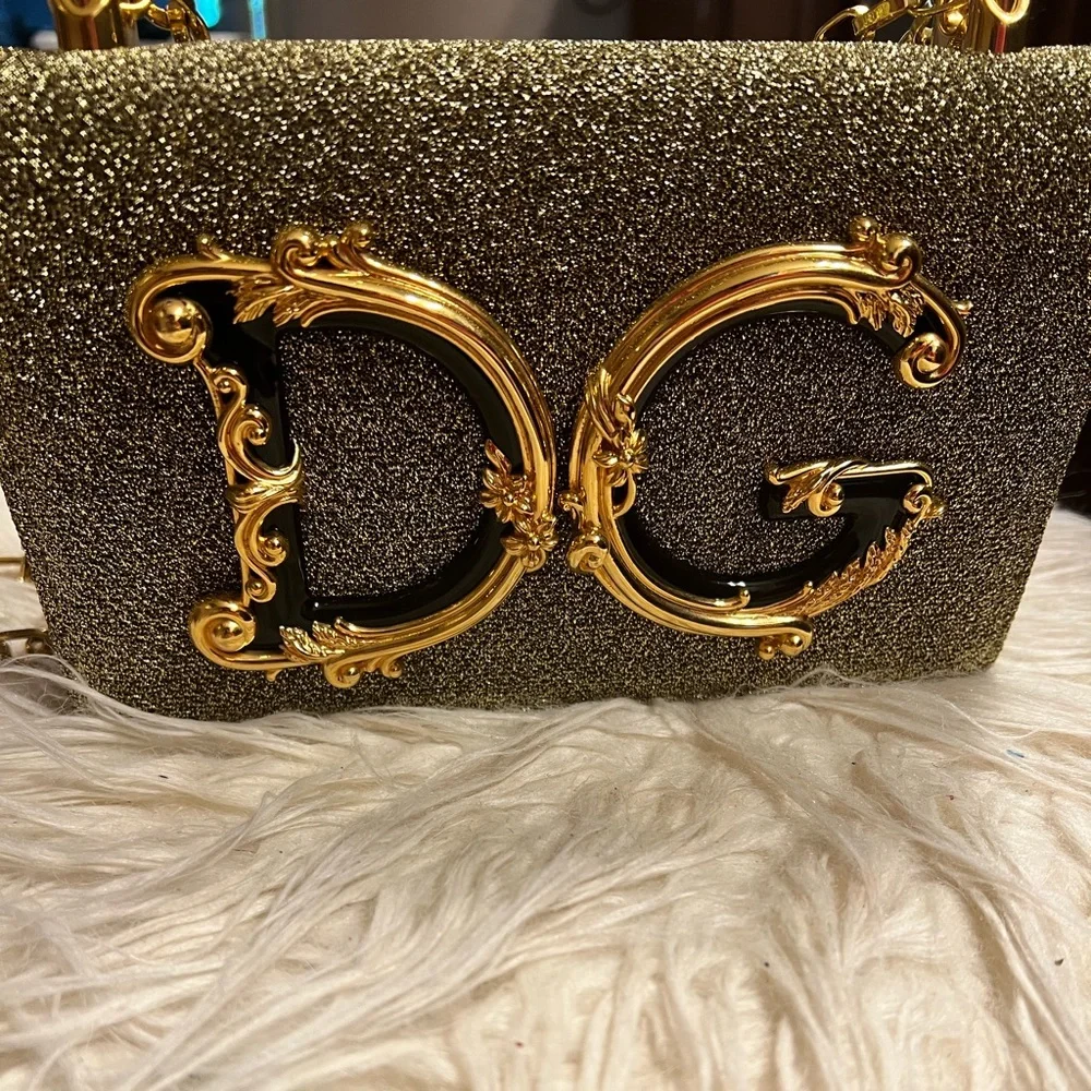 Dolce & Gabbana Gold Glitter DG Logo Crossbody Bag
